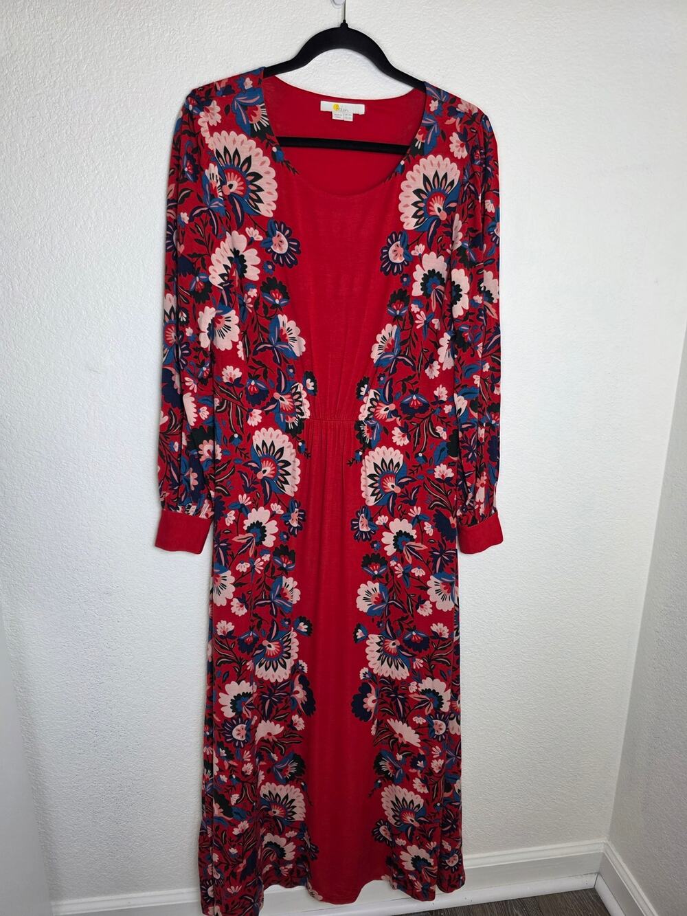 Boden Boho Luxe Red Floral Paneled Stretch Jersey Maxi Dress US 10L Long Sleeve